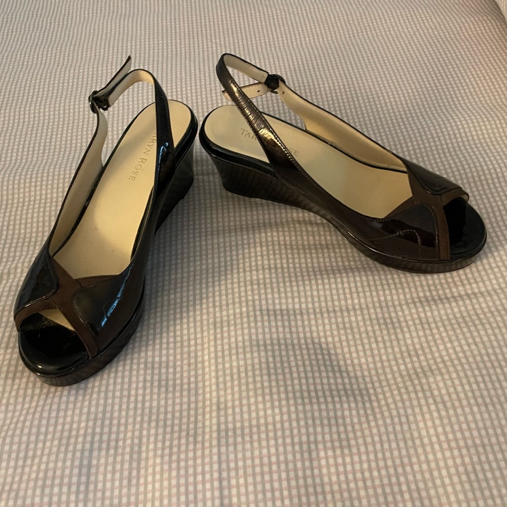 Taryn Rose Black Patent Wedge Slingbacks